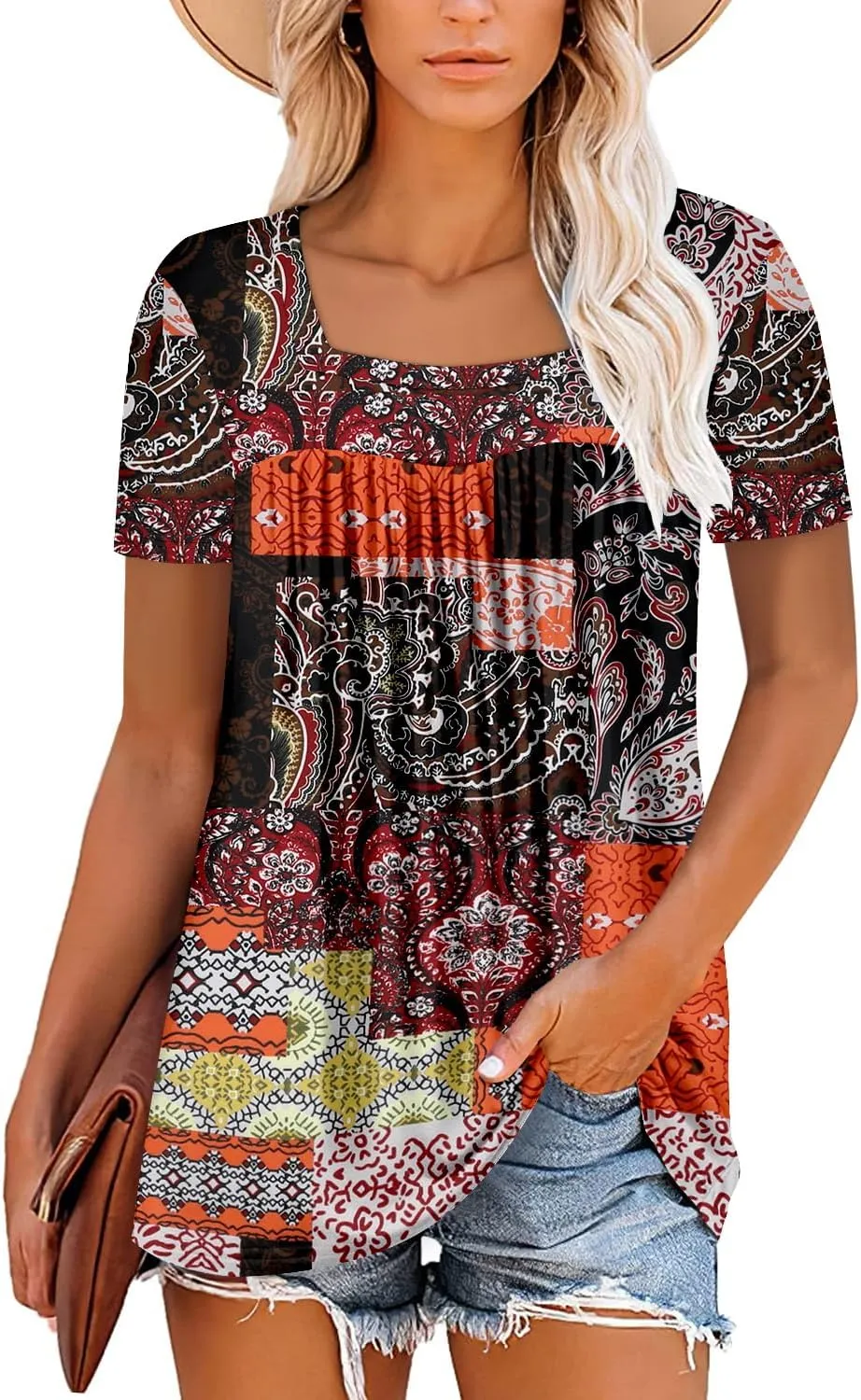 ZOLUCKY Womens Plus Size Short Sleeve Boho Tops Trendy Shirts Loose Fit Blouse Summer Tunic Top for Women S-3XL