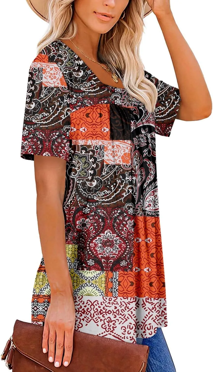 ZOLUCKY Womens Plus Size Short Sleeve Boho Tops Trendy Shirts Loose Fit Blouse Summer Tunic Top for Women S-3XL