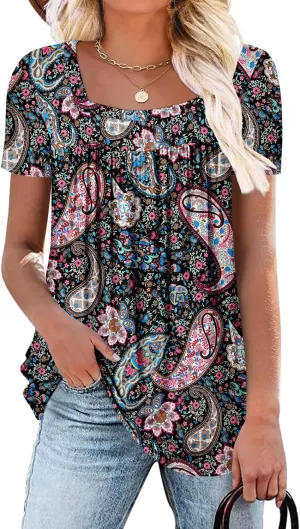 ZOLUCKY Womens Plus Size Short Sleeve Boho Tops Trendy Shirts Loose Fit Blouse Summer Tunic Top for Women S-3XL