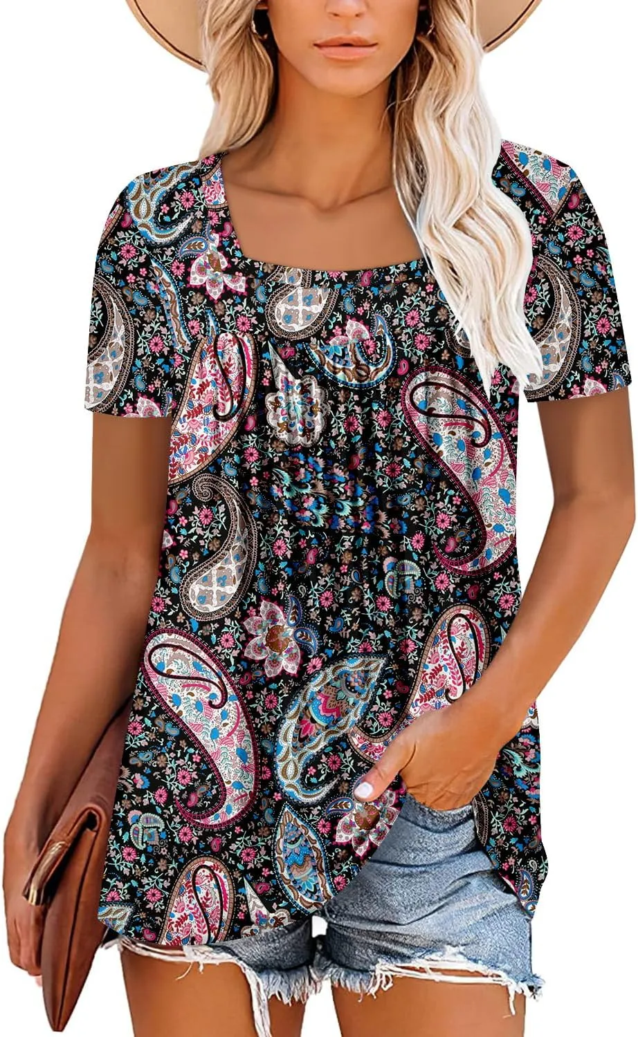 ZOLUCKY Womens Plus Size Short Sleeve Boho Tops Trendy Shirts Loose Fit Blouse Summer Tunic Top for Women S-3XL