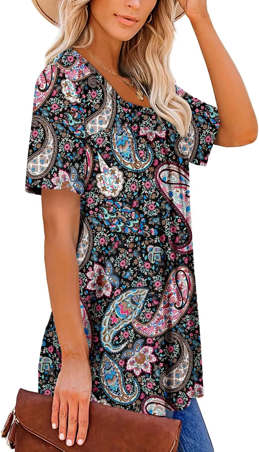 ZOLUCKY Womens Plus Size Short Sleeve Boho Tops Trendy Shirts Loose Fit Blouse Summer Tunic Top for Women S-3XL